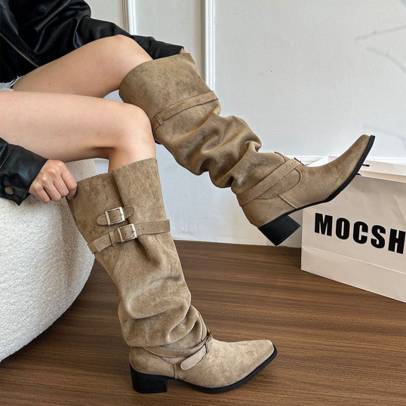 Women's Khaki Suede Pointed-Toe Chunky Heel Boots - Side Zipper High-Top Ankle Boots