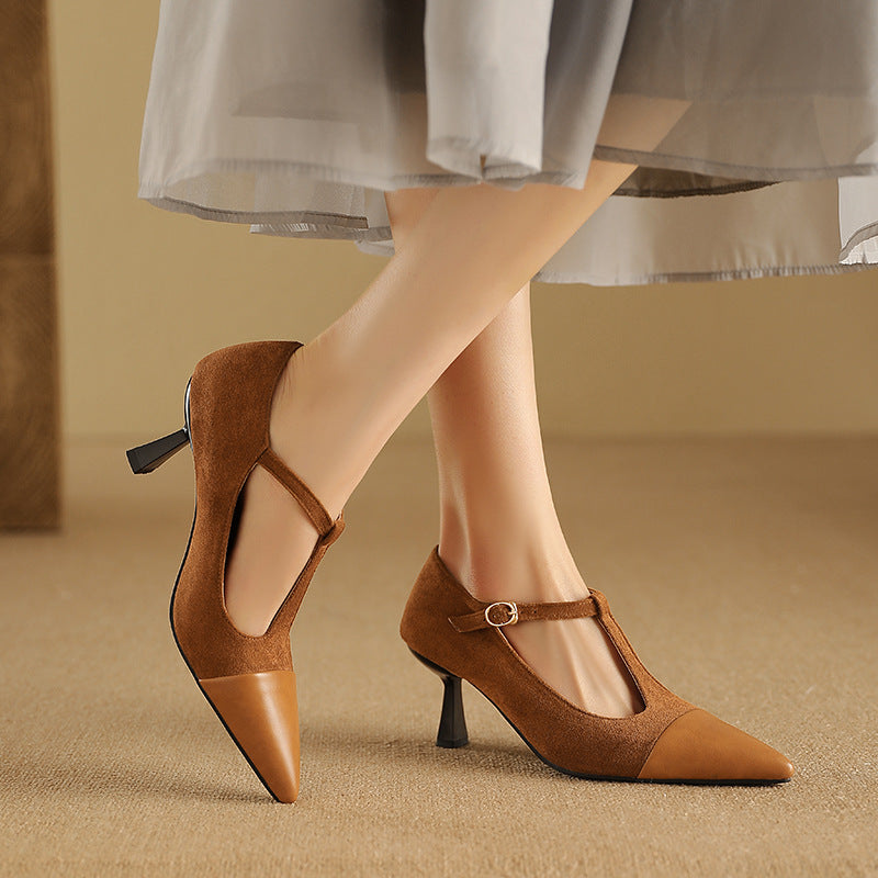 Elegant T-Strap Pointed Toe Stacked Heel Pumps