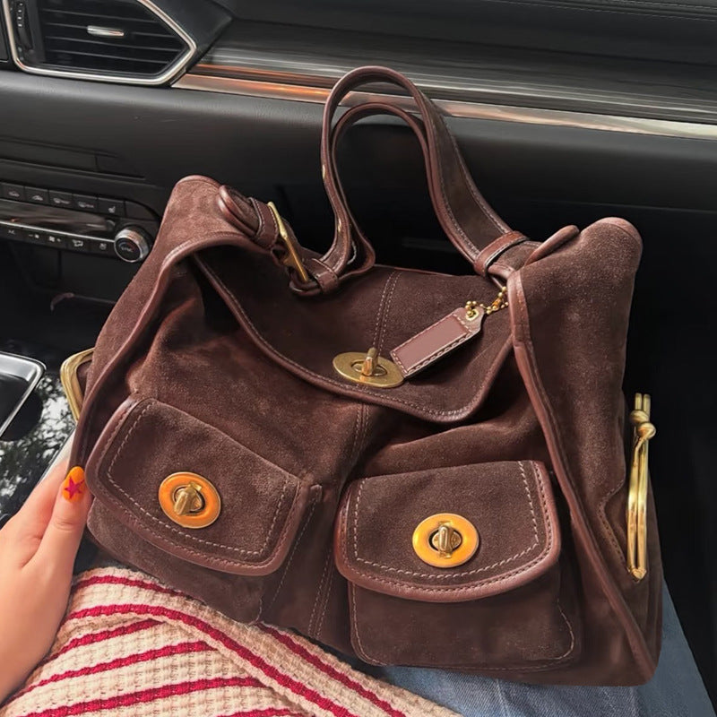 Retro Minimalist Women's Shoulder Bag with Multiple Pockets - Suede Commuter Handbag