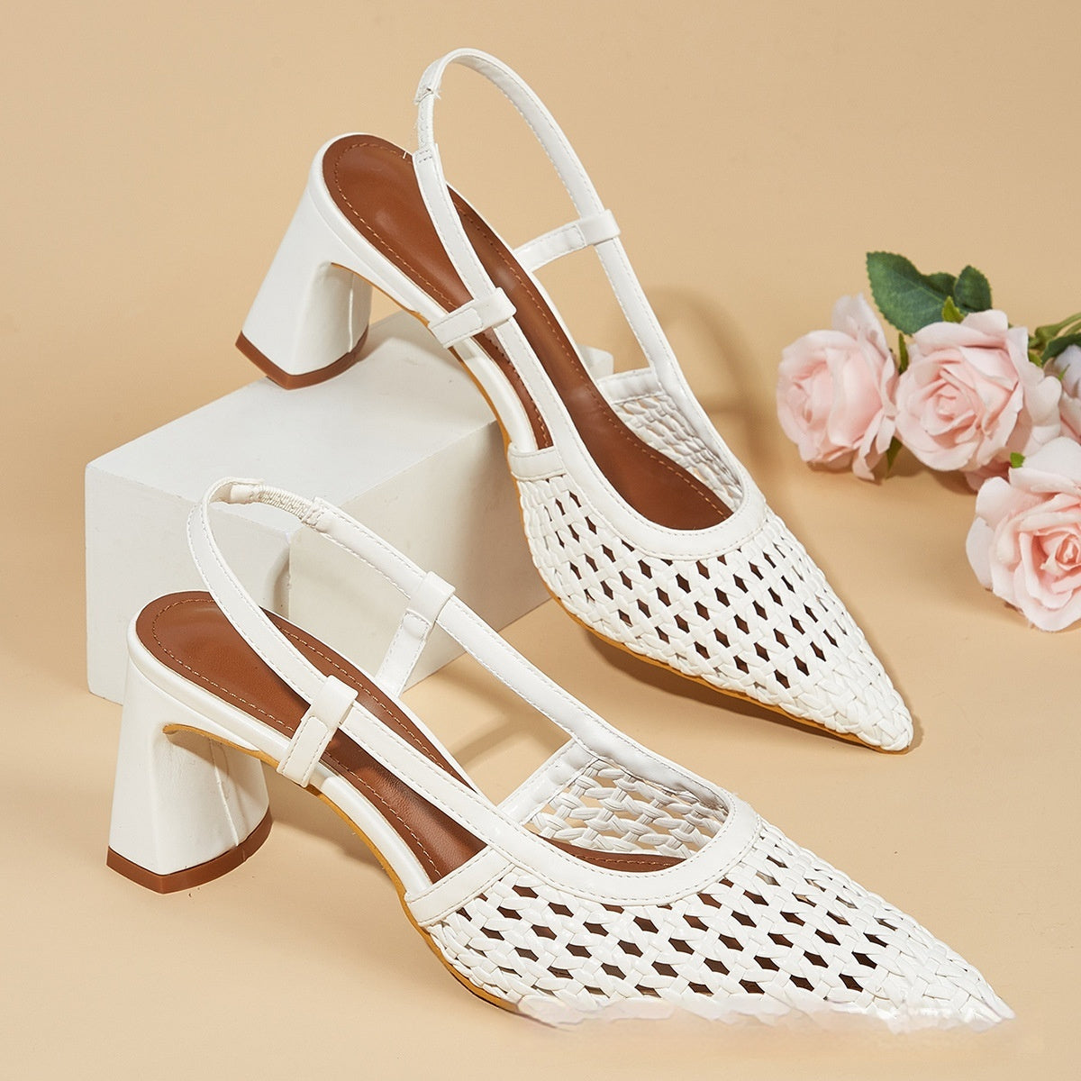Women's White Woven Mesh Pointed-Toe High Heel Sandals - Elegant Casual Footwear