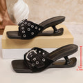 Women's Square Toe High Heel Sandals | Fabric Strappy Heels in Black, Leopard & Red