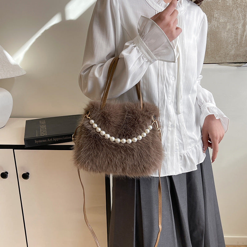 Women's Furry Tote Bag with Pearl Chain Shoulder Strap - Soft Faux Fox Fur Square Handbag