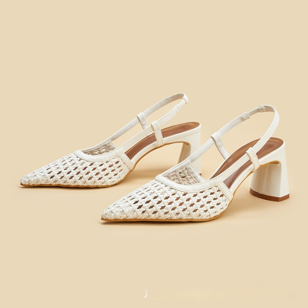Women's White Woven Mesh Pointed-Toe High Heel Sandals - Elegant Casual Footwear