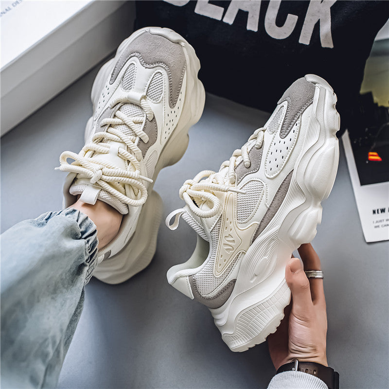 Men's Chunky Soled Dad Sneakers | Mesh Upper Lace-Up Athletic Shoes | Beige Black Gray