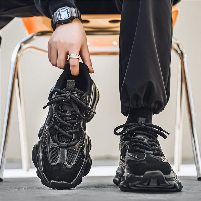 Men's Chunky Soled Dad Sneakers | Mesh Upper Lace-Up Athletic Shoes | Beige Black Gray
