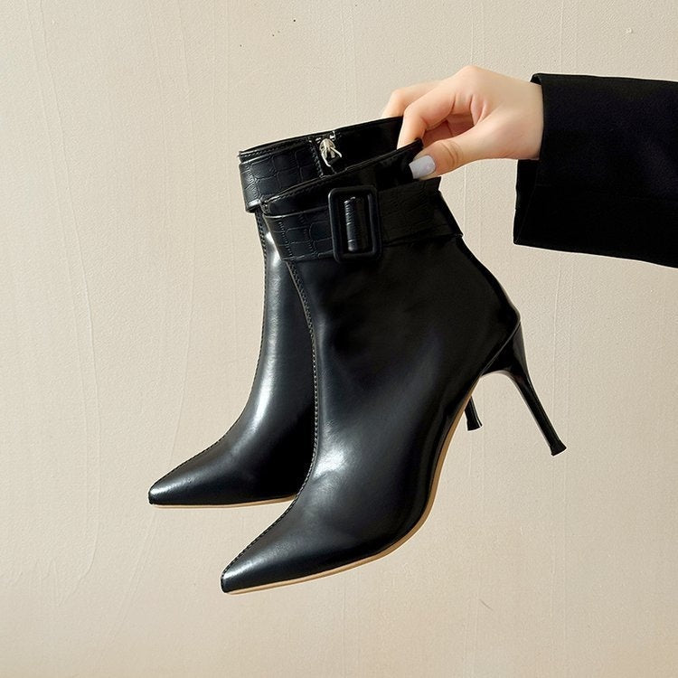 Women's Pointed-Toe Stiletto Ankle Booties - Chunky Heel Side Zipper Boots