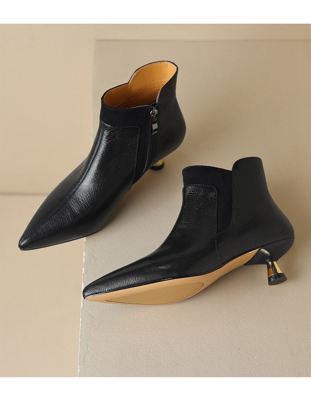 Women's Genuine Leather Pointed-Toe Kitten Heel Ankle Boots | Side Zipper | Black & Brown
