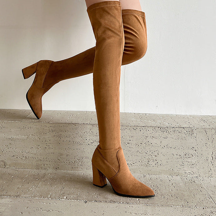 Women's Suede High Heel Boots Pointed Toe Chunky Heel Denim Strap Buckle | Black Beige Brown Red
