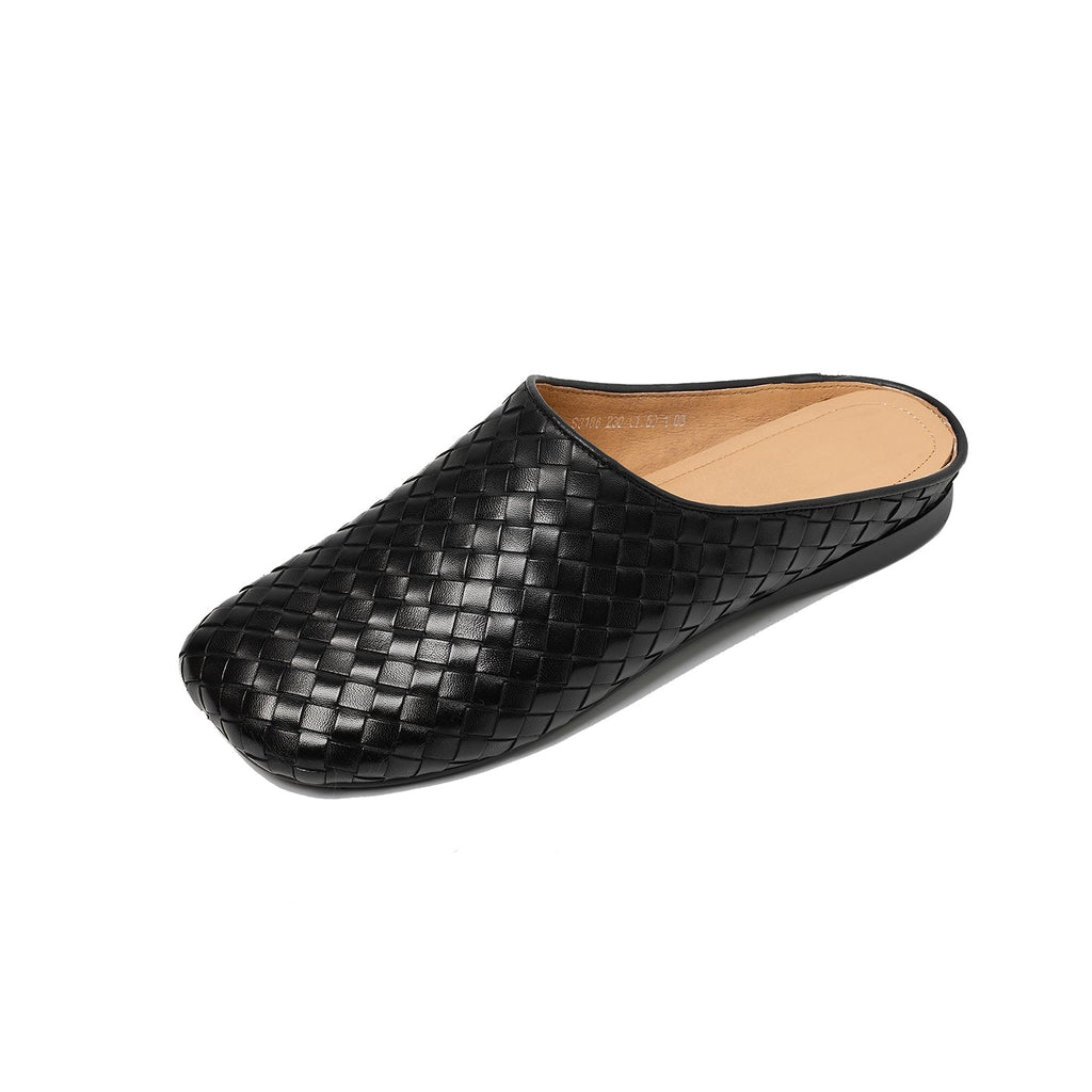 Women's Handwoven Cowhide Mules | Square Toe Slip-On Leather Slides