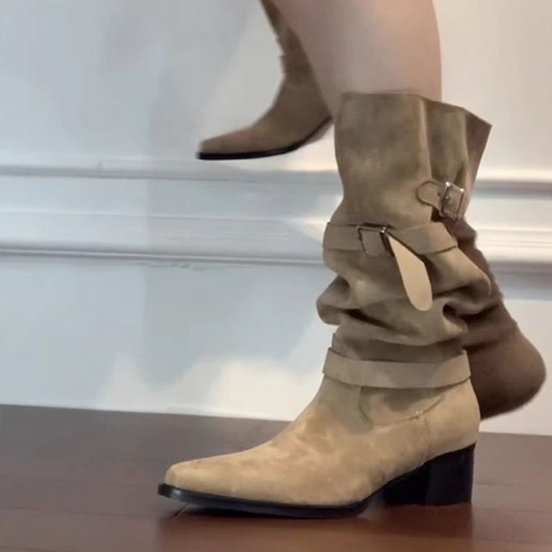 Women's Khaki Suede Pointed-Toe Chunky Heel Boots - Side Zipper High-Top Ankle Boots