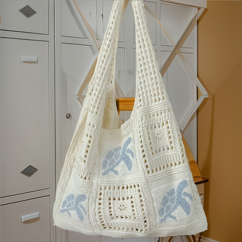 Women's Hand-Knitted Turtle Tote Bag - Hollow Knit Design Blue Shoulder Bag