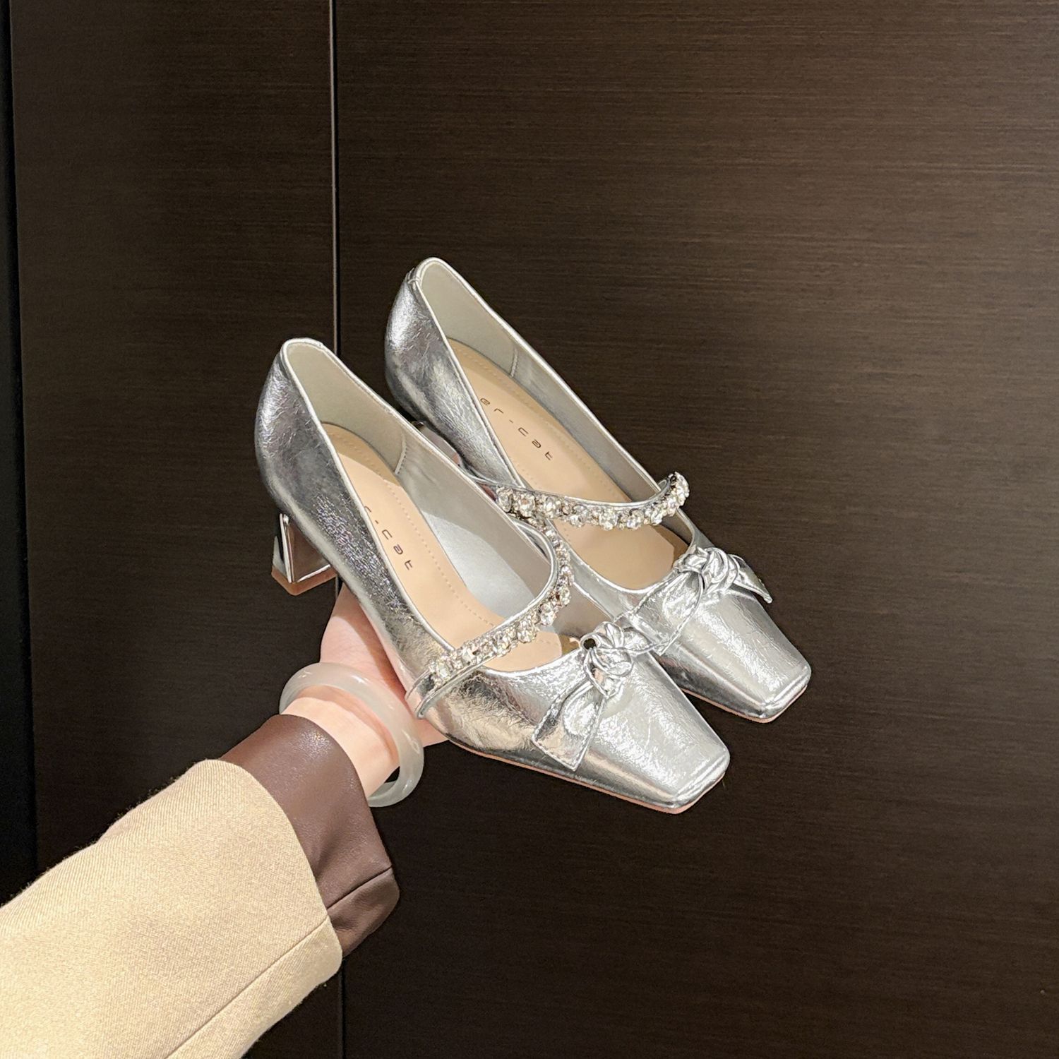 Women's Rhinestone Mary Jane Heels - French Style Pointed Toe Chunky Heel Shoes