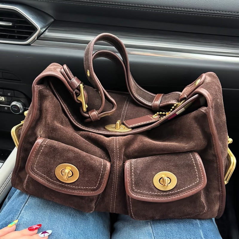 Retro Minimalist Women's Shoulder Bag with Multiple Pockets - Suede Commuter Handbag