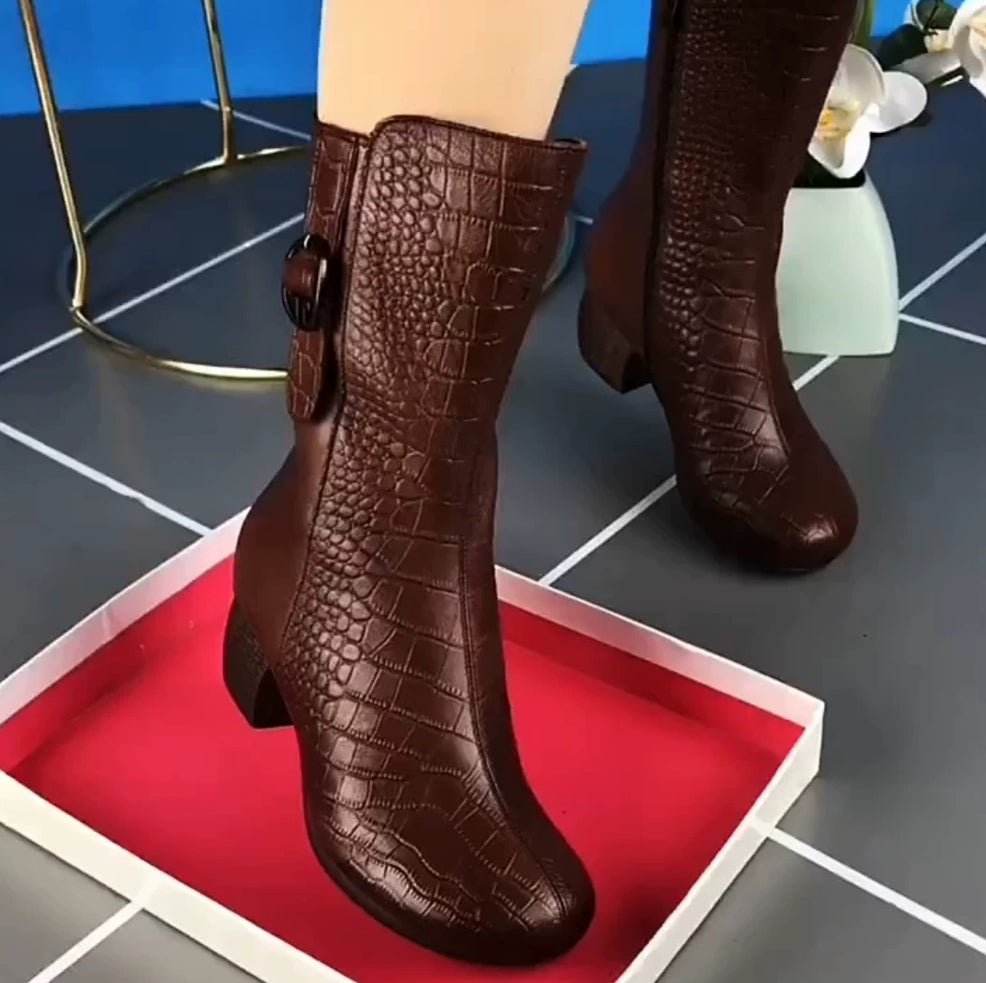 Women's Velvet-Lined Mid-Calf Fashion Boots | Chunky Heel Side Zipper | Fall Winter