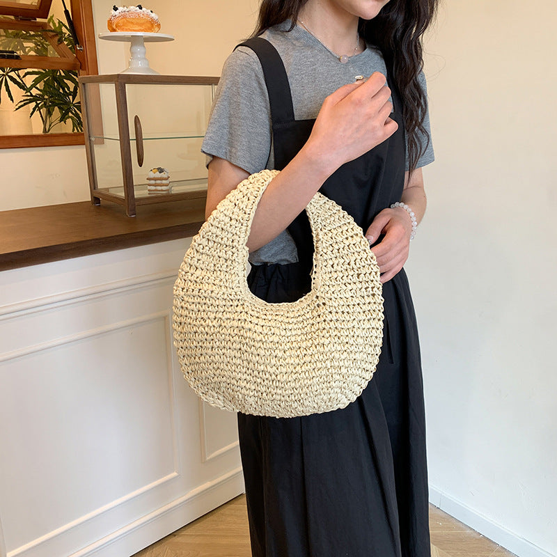 Straw Beach Tote Bag - Crescent Shape Summer Handbag for Women
