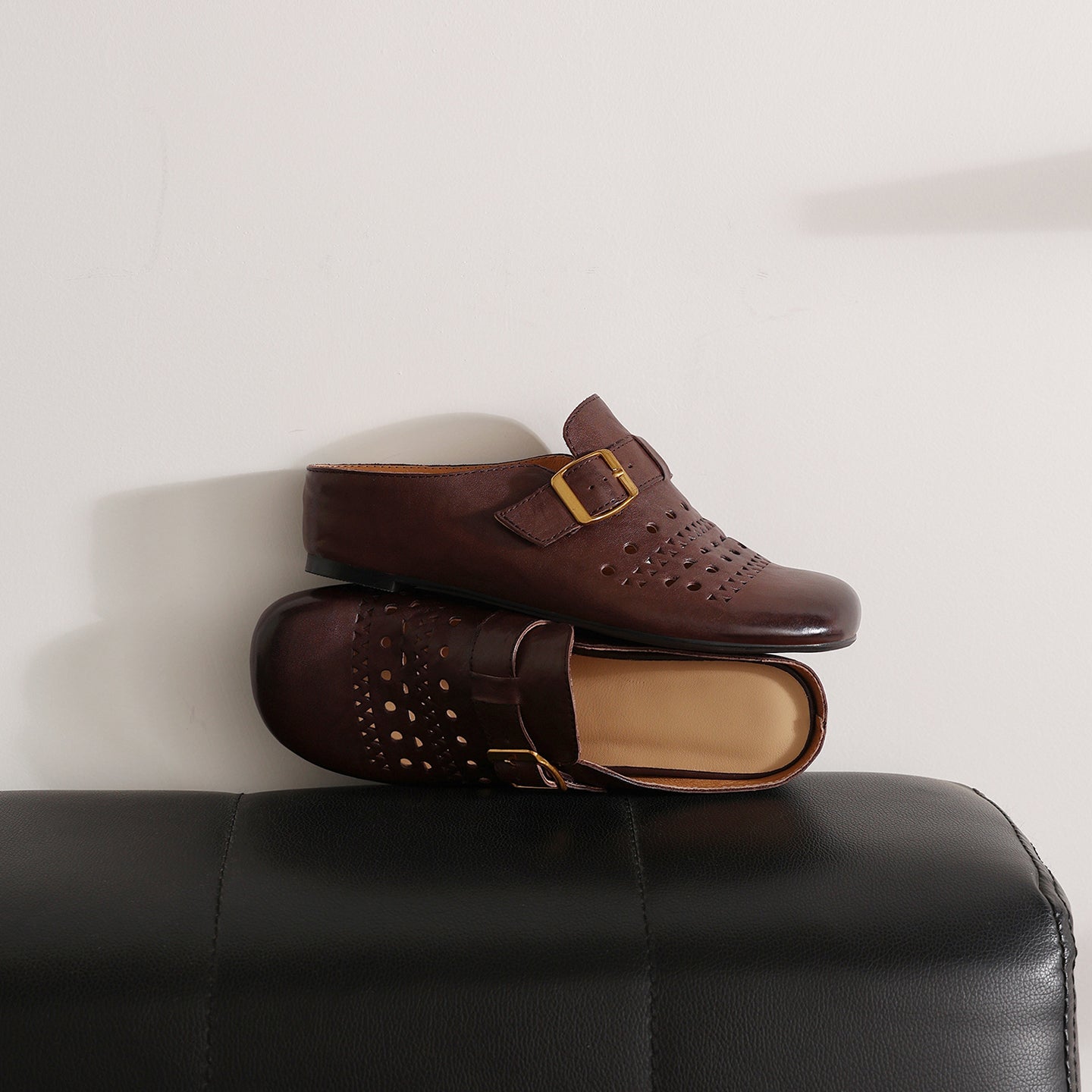 Women's Perforated Cowhide Buckle Mules | Round Toe Flat Backless Slides