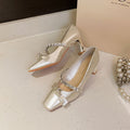 Women's Rhinestone Mary Jane Heels - French Style Pointed Toe Chunky Heel Shoes