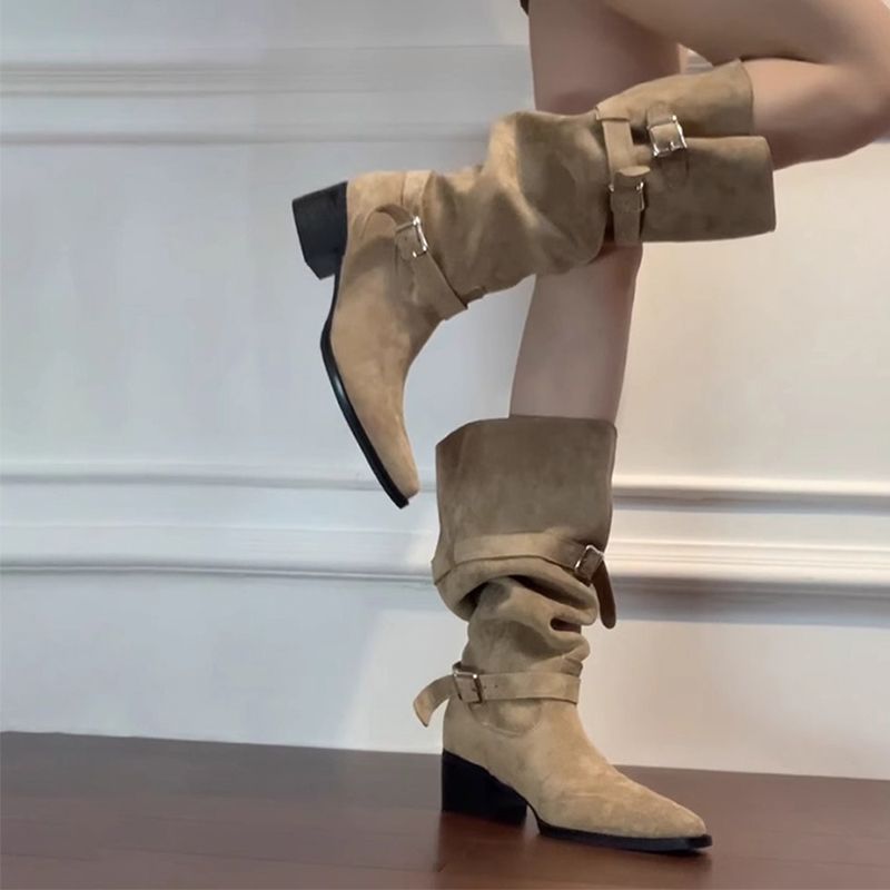 Women's Khaki Suede Pointed-Toe Chunky Heel Boots - Side Zipper High-Top Ankle Boots