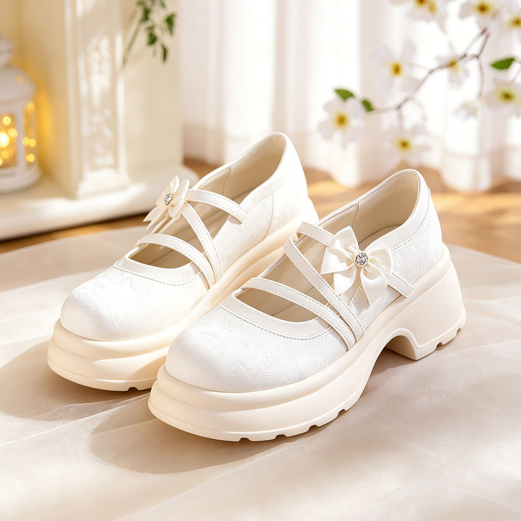 Women's Bow Platform Mary Jane Shoes | Chunky Sole Satin Pumps