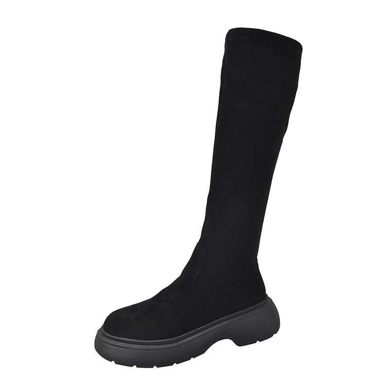 Women's Chunky Sole Suede Boots | Round Toe Slip-On Winter Boots