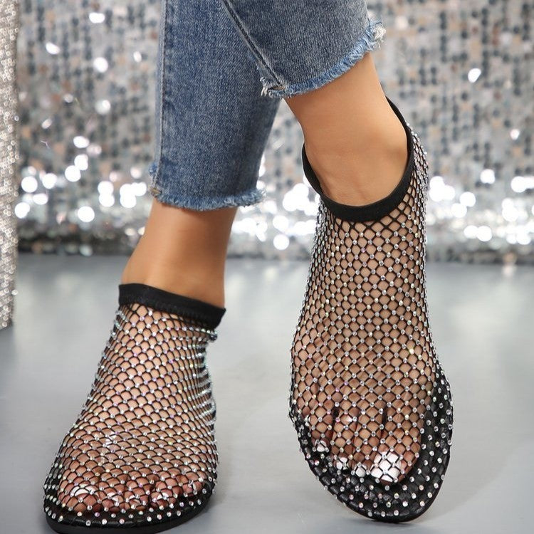 Women's Rhinestone Flat Sandals | Round Toe Mesh Summer Shoes