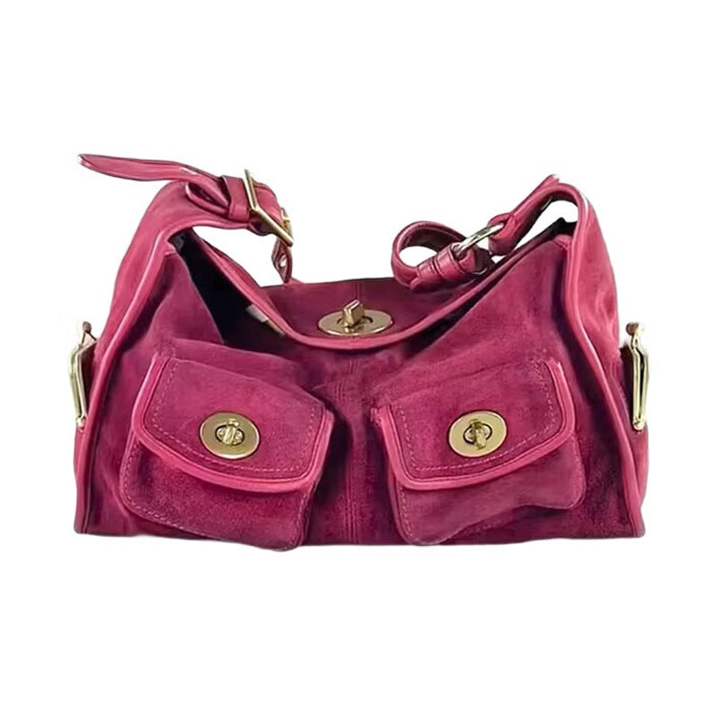 Retro Minimalist Women's Shoulder Bag with Multiple Pockets - Suede Commuter Handbag