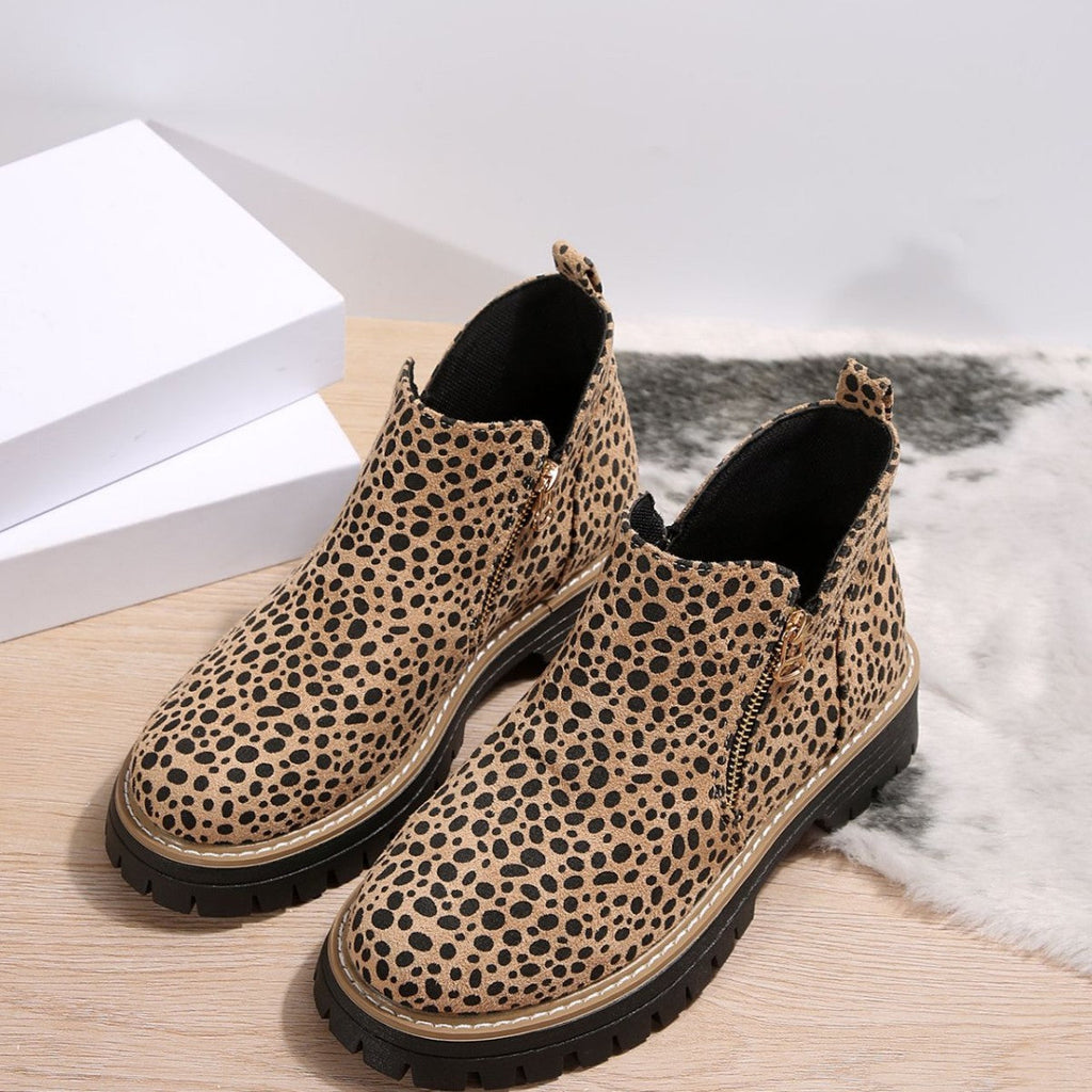 Women's Leopard Print Pointed Toe Ankle Boots - Chunky Low Heel Fashion Boots with Front Zipper