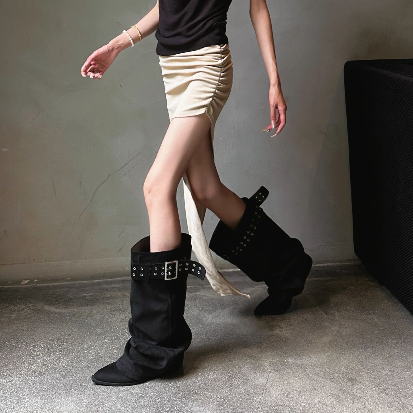 Women's Knee-High Western Boots | Pointed Toe Stiletto Heel | Buckle Detail | Khaki & Black