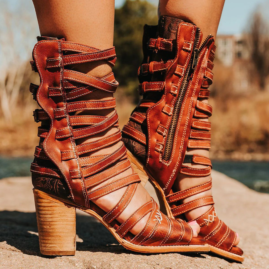 Women's Retro Stiletto Strap Cutout Sandals | High Heel Buckle Ankle Strap PU Leather