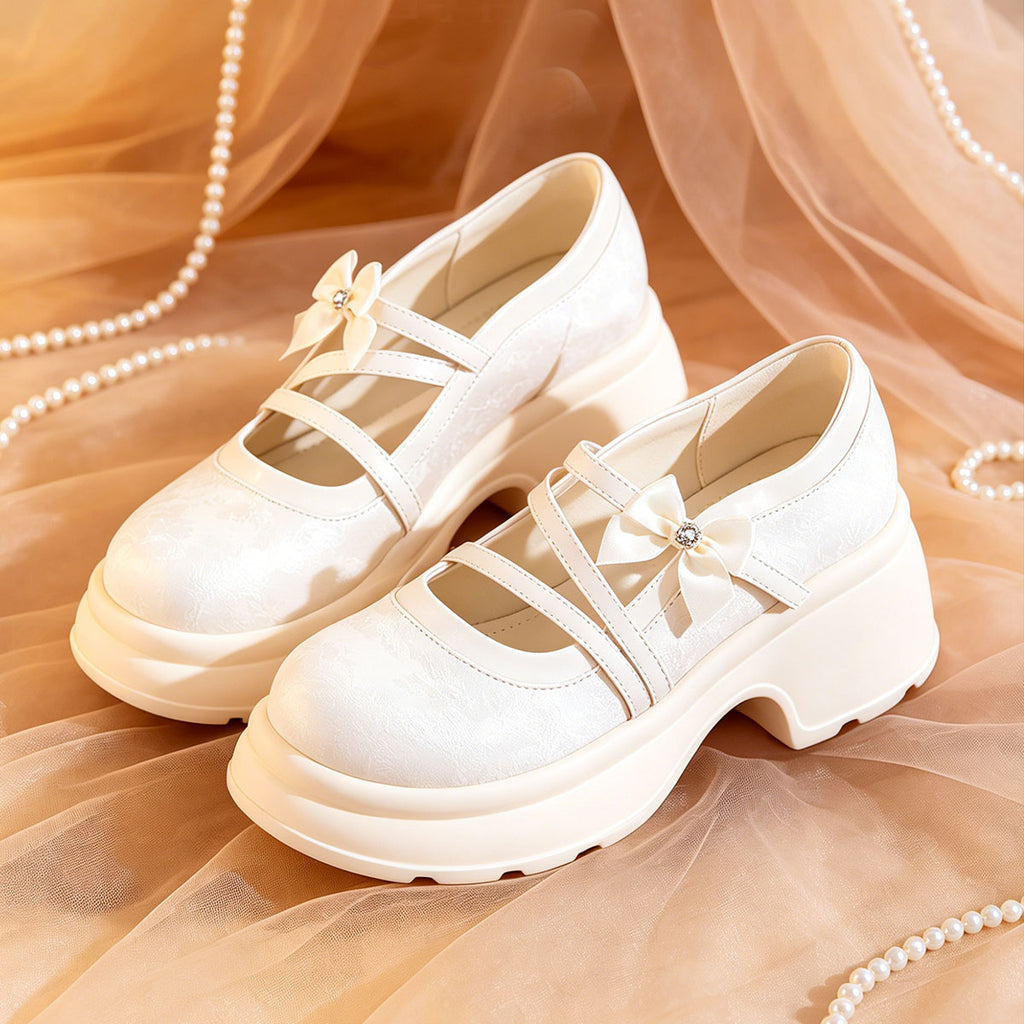 Women's Bow Platform Mary Jane Shoes | Chunky Sole Satin Pumps