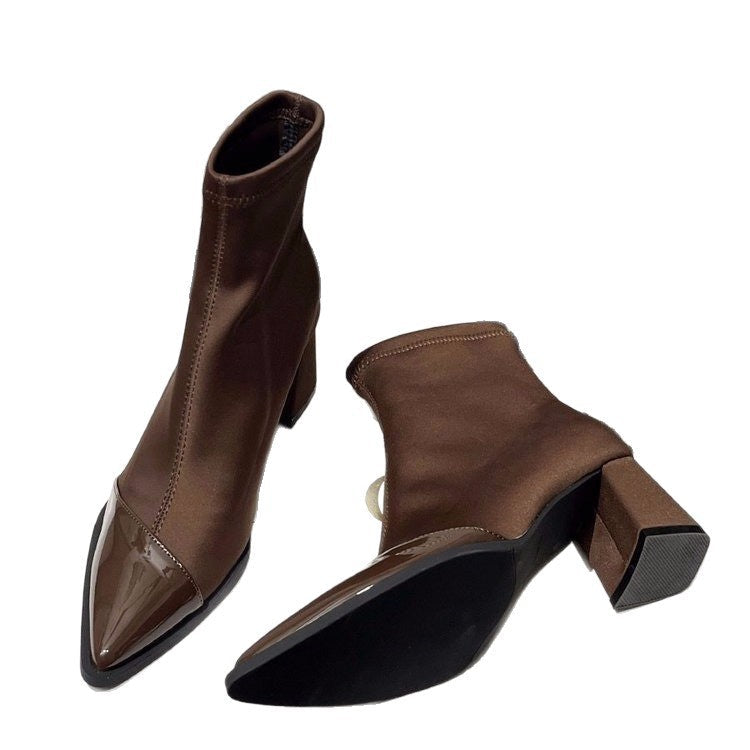 Women's Plus-Size Pointed-Toe Chunky Heel Ankle Boots – PU Leather, Black & Brown