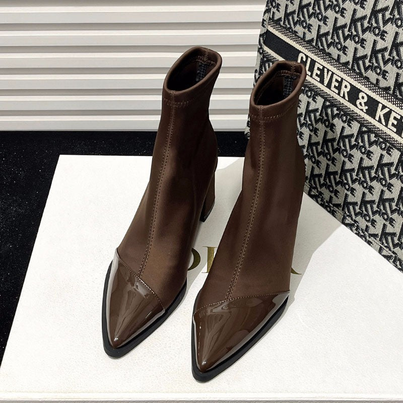 Women's Plus-Size Pointed-Toe Chunky Heel Ankle Boots – PU Leather, Black & Brown
