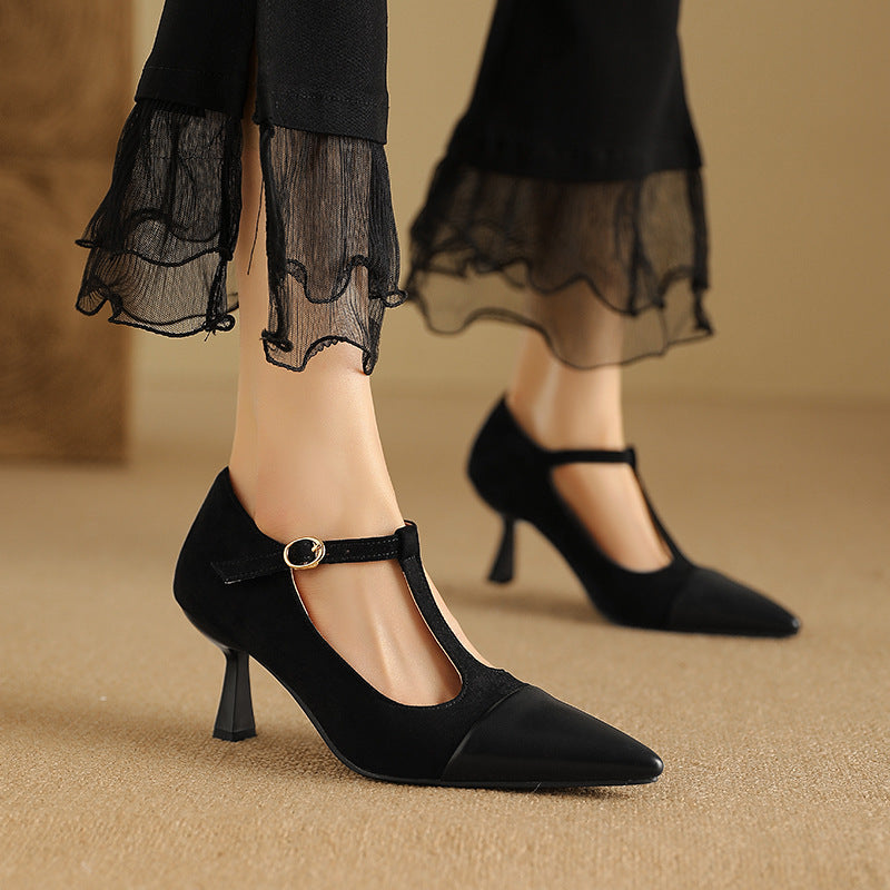 Elegant T-Strap Pointed Toe Stacked Heel Pumps