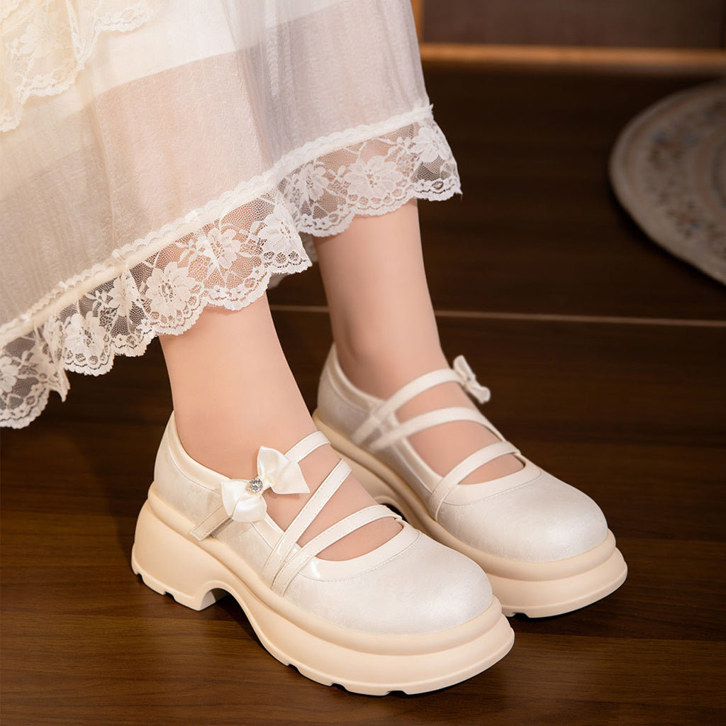 Women's Bow Platform Mary Jane Shoes | Chunky Sole Satin Pumps