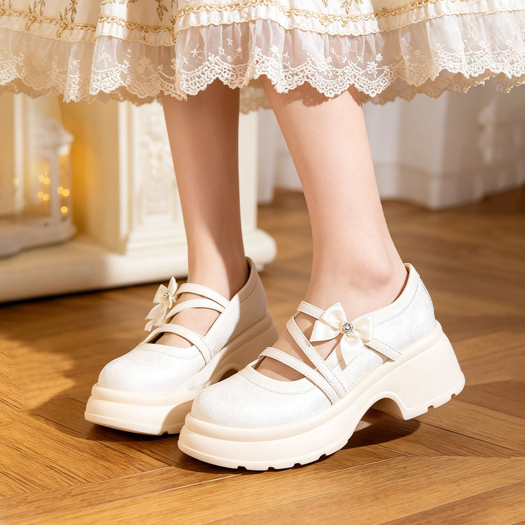Women's Bow Platform Mary Jane Shoes | Chunky Sole Satin Pumps