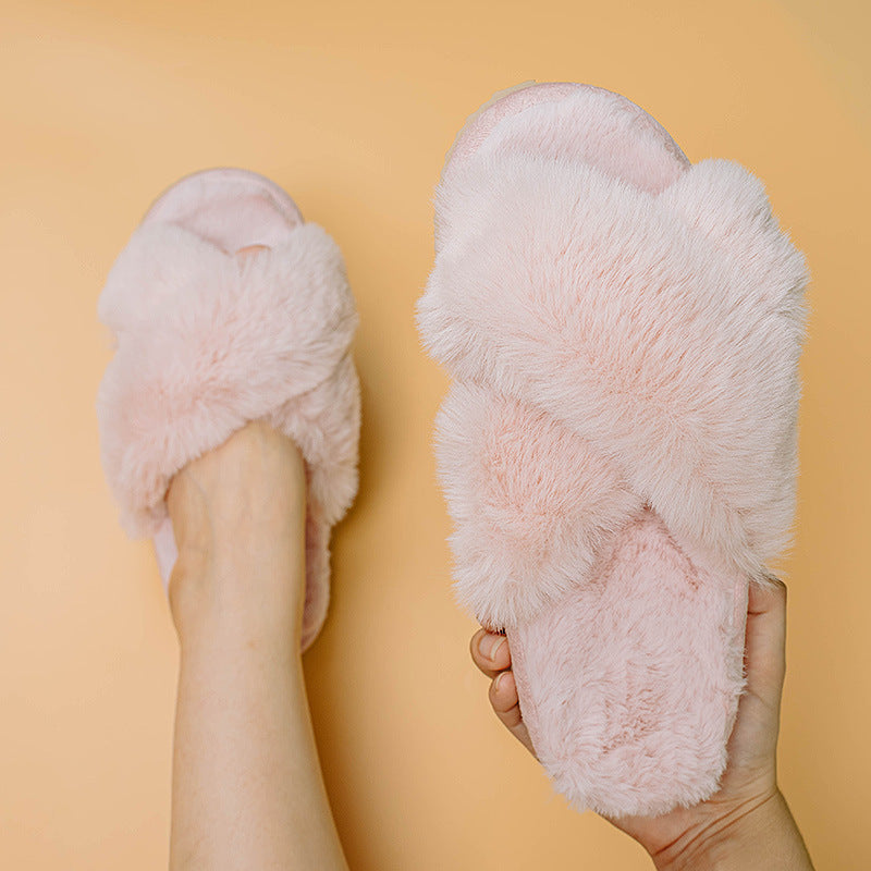 Women's Fluffy Faux Fur Cross Slides | Cozy Indoor Suede Slippers
