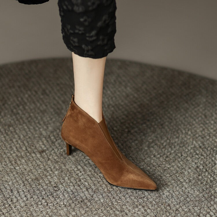 Women's Stiletto Heel Elastic Ankle Boots - Round Toe Back Zipper Suede Boots