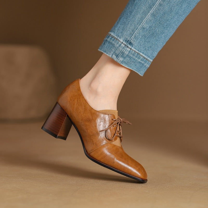 Women's British-Style Square Toe Chunky Heel Pumps | Deep Vamp | Wool Leather Upper