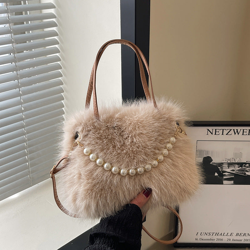 Women's Furry Tote Bag with Pearl Chain Shoulder Strap - Soft Faux Fox Fur Square Handbag