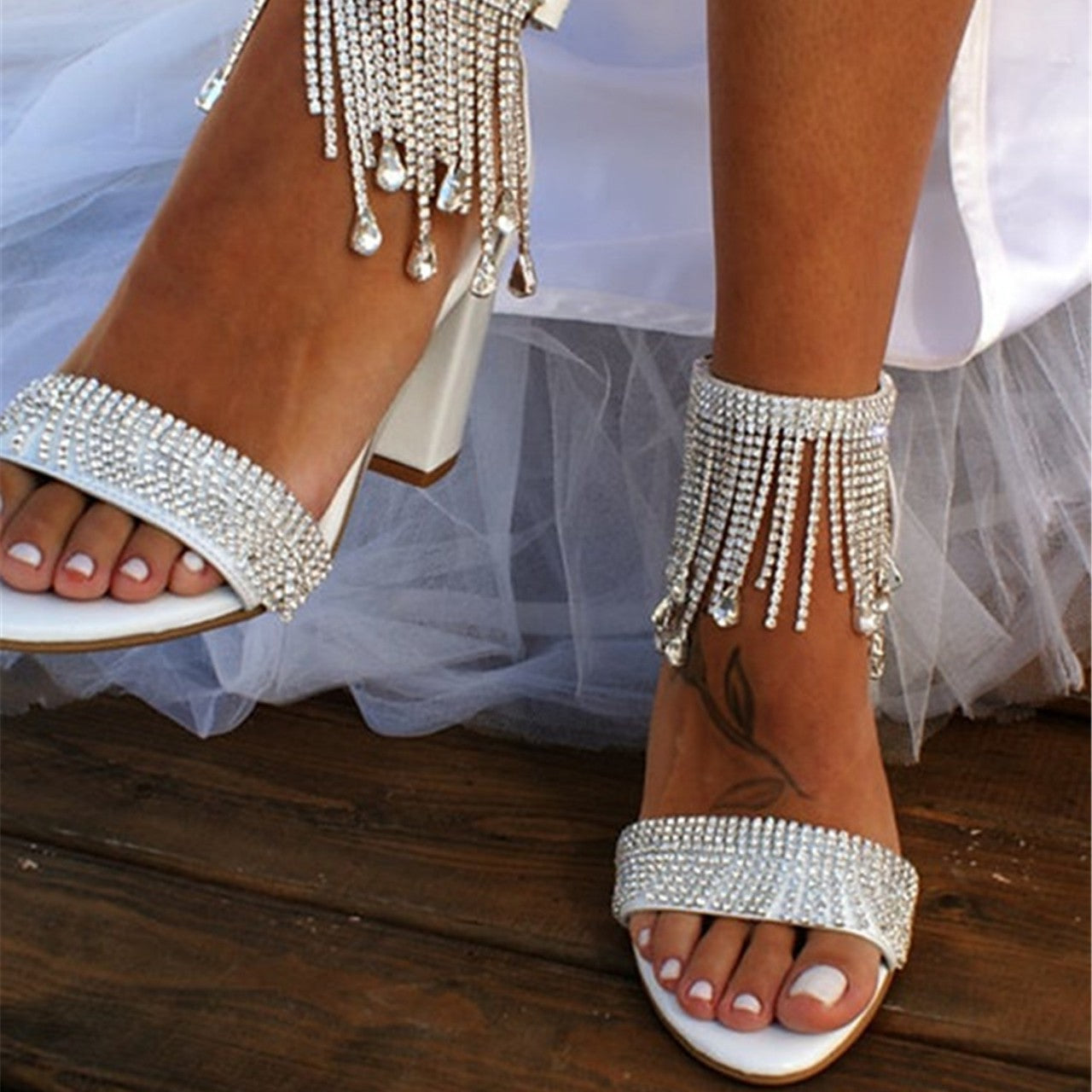Women's Rhinestone Chunky Heel Sandals | Chain Strap Peep Toe Heels