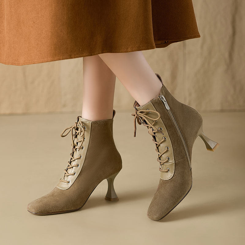 Retro Square-Toe Short Boots Women's Stiletto Heel PU Leather – Brown & Apricot
