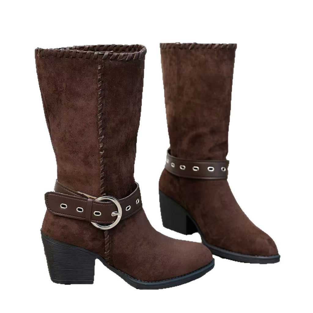 Women's Pointed-Toe Mid-Calf Boots with Belt Buckle - Suede Fashion Boots