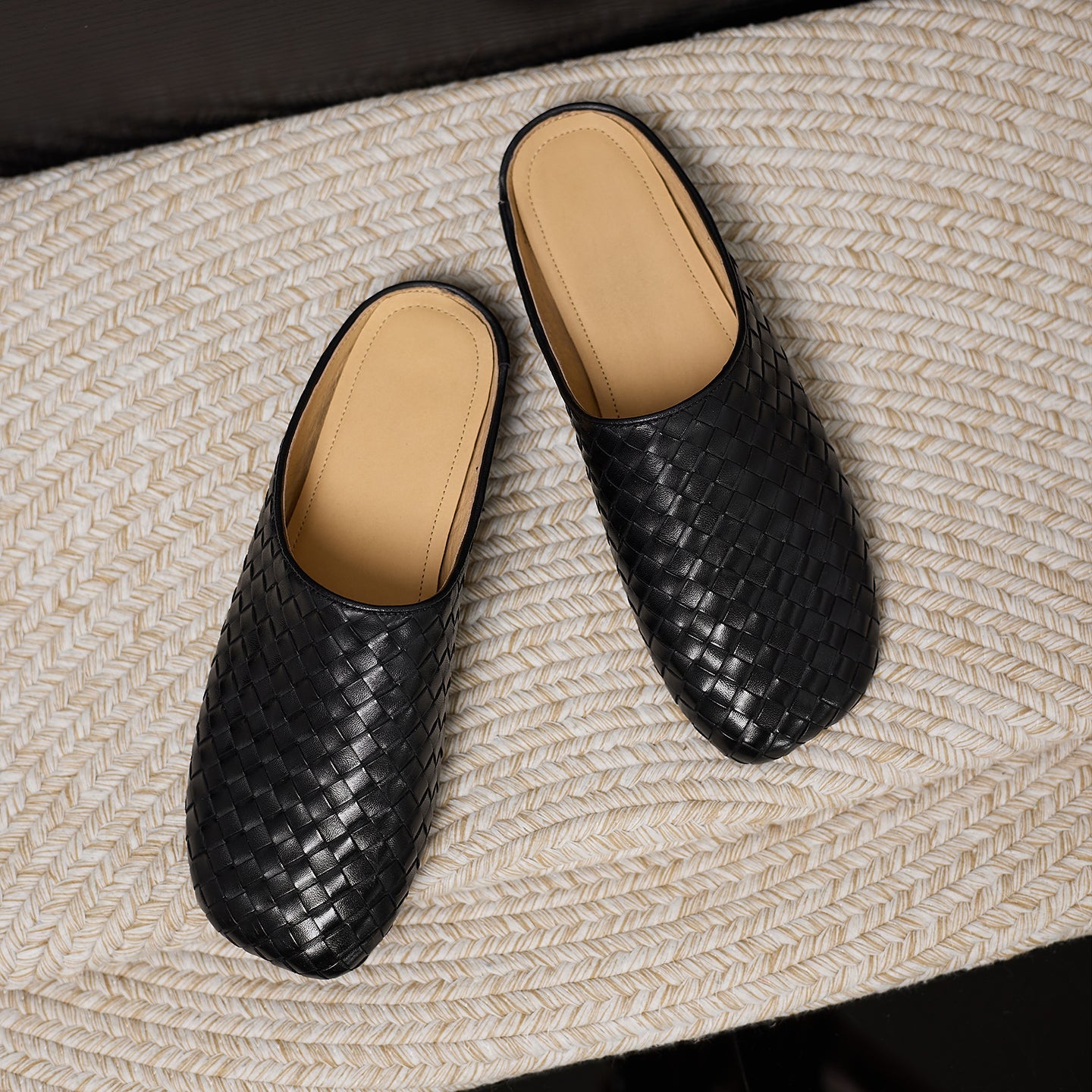 Women's Handwoven Cowhide Mules | Square Toe Slip-On Leather Slides
