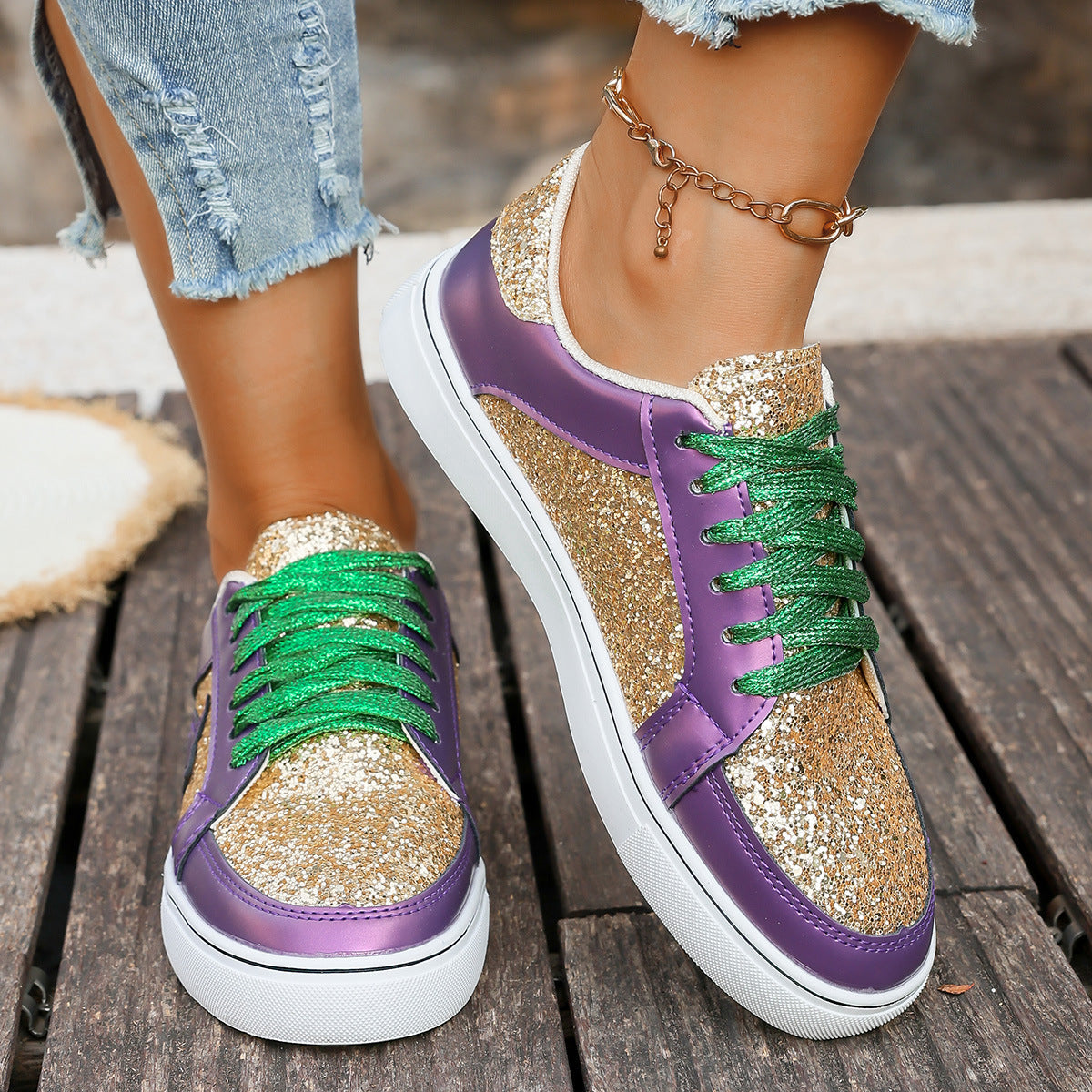 Women's Sequin Lace-Up Sneakers - Purple Gold Chunky Sole Platform Shoes