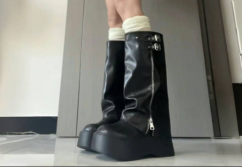 Women's Vintage High-Rise Chunky Heel Boots | Side Zipper | Waterproof Rubber Sole