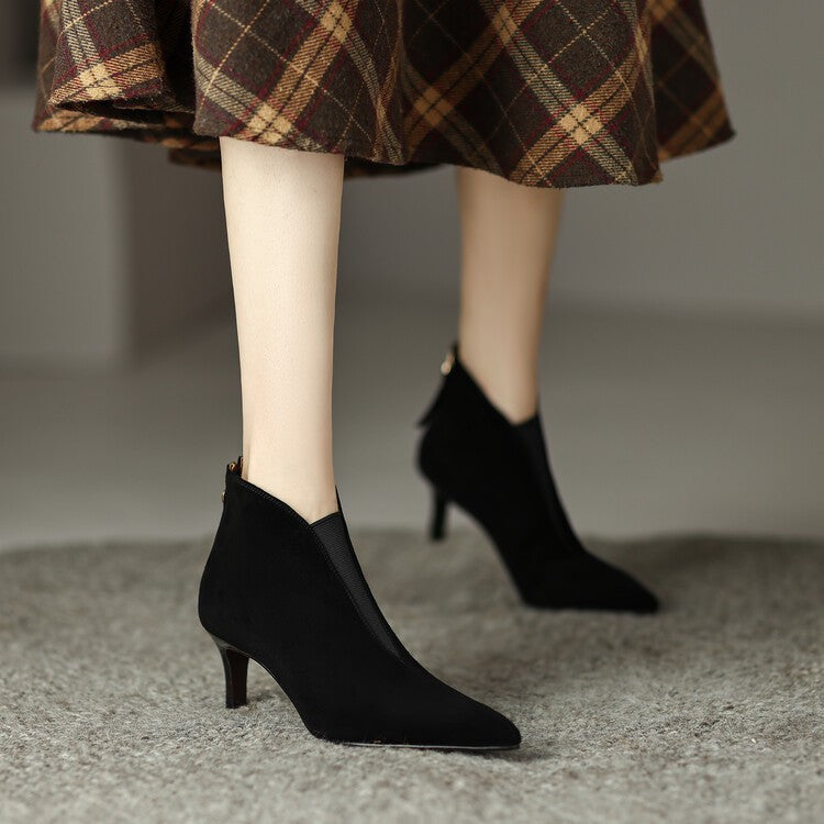 Women's Stiletto Heel Elastic Ankle Boots - Round Toe Back Zipper Suede Boots