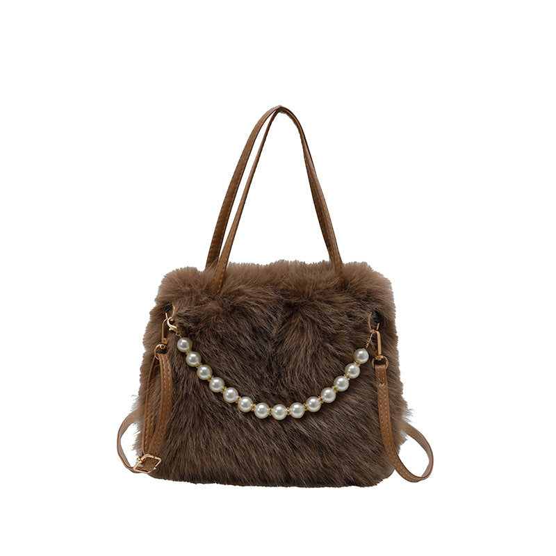 Women's Furry Tote Bag with Pearl Chain Shoulder Strap - Soft Faux Fox Fur Square Handbag