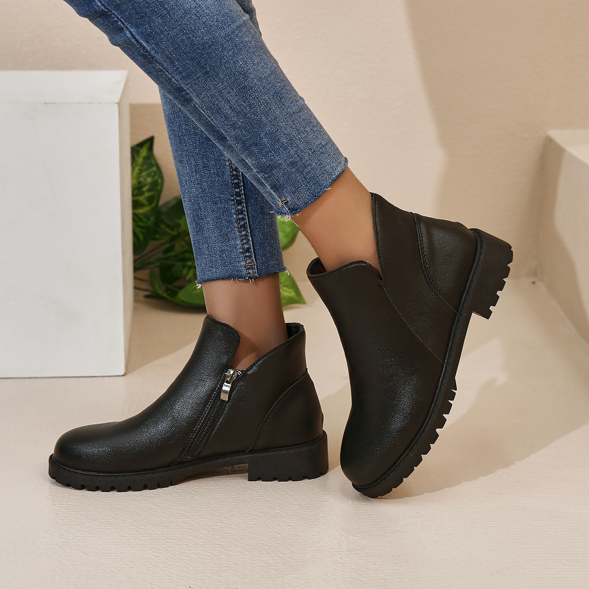 Women's Casual British-Style Low-Cut Ankle Boots – Chunky Heel Side Zipper
