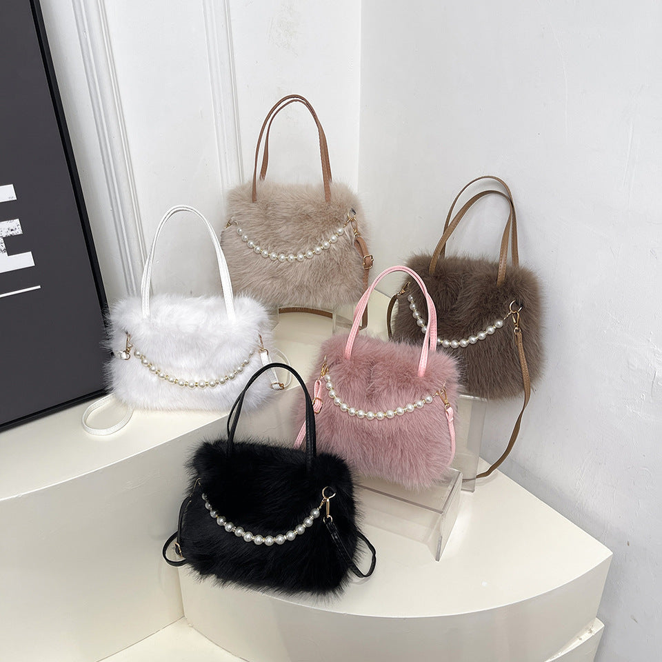 Women's Furry Tote Bag with Pearl Chain Shoulder Strap - Soft Faux Fox Fur Square Handbag