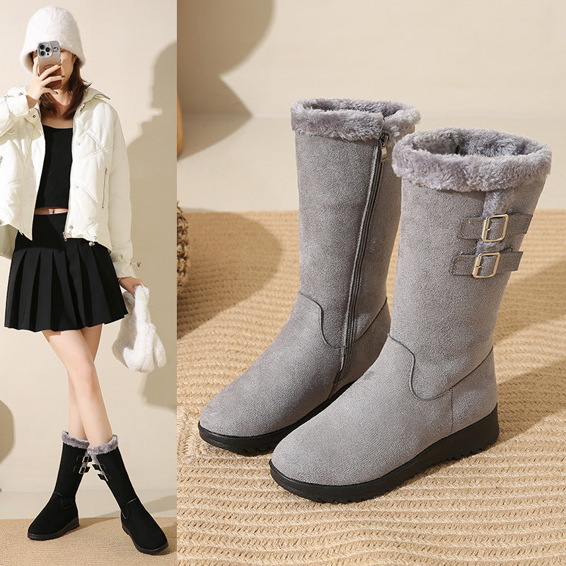 Women's Mid-Calf Fleece-Lined Suede Snow Boots | Warm Winter Boots with Side Zipper